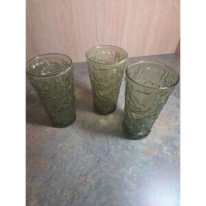 Anchor Hocking (Set of3) Lido Milano Green Crinkle Glass 5.5” Tumbler VTG (29ia)